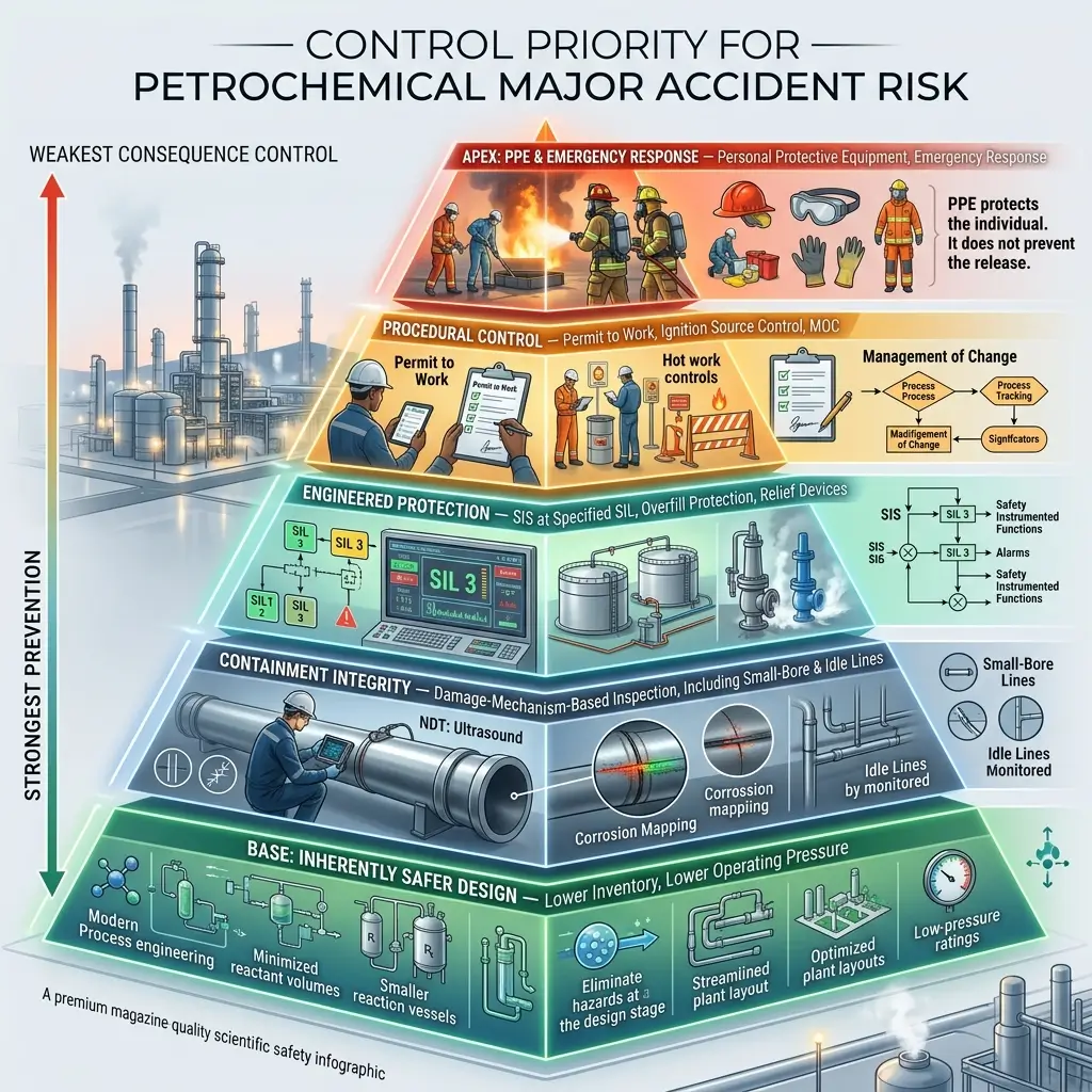Pyramid diagram showing hierarchical control priorities for petrochemical major accident risk, from weakest consequence control at top through PPE, procedural control, engineered protection, containment integrity, to inherently safer design at base.