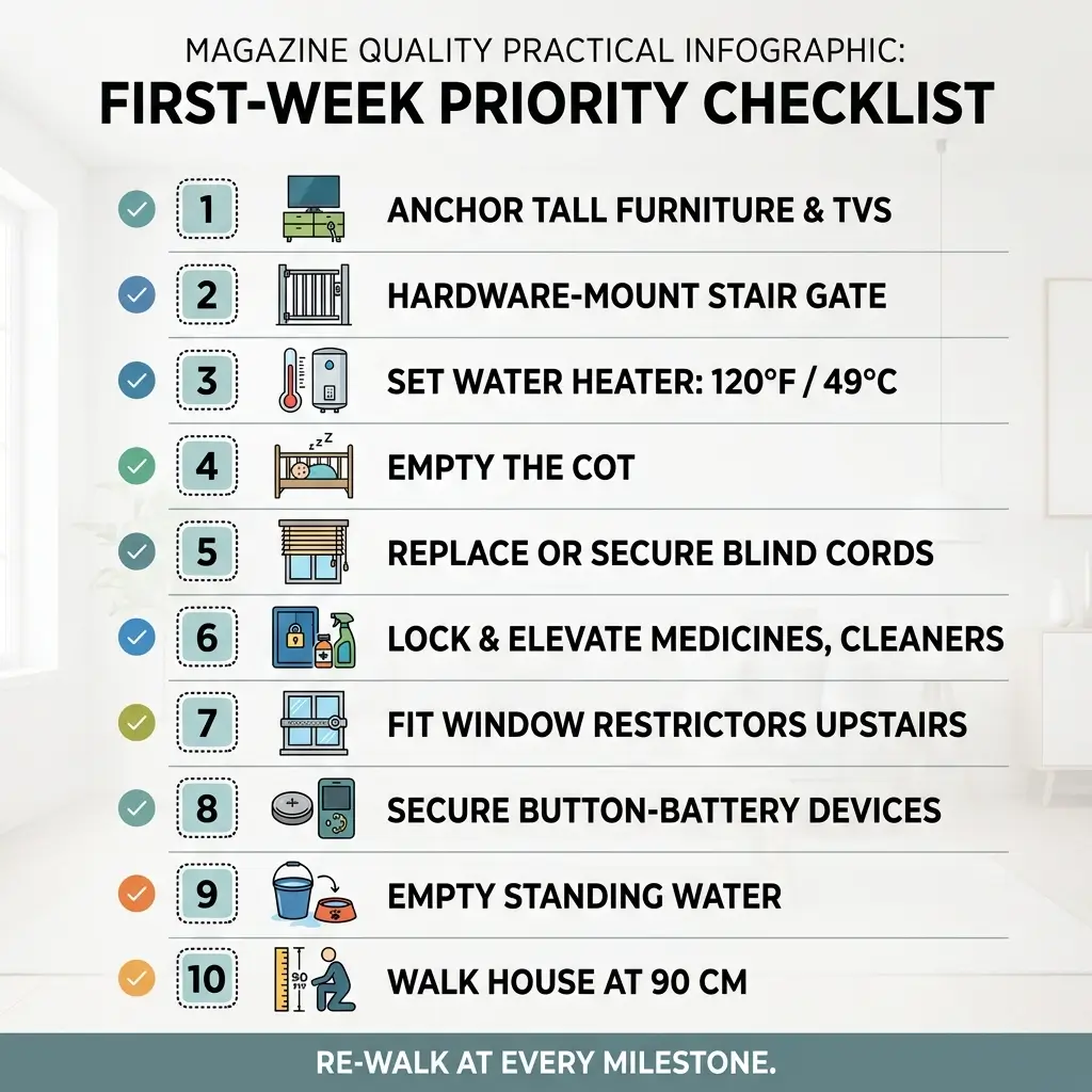 Infographic displaying a 10-item safety checklist for preparing a home during the first week with a baby, including securing furniture, installing gates, adjusting water temperature, and other childproofing tasks.