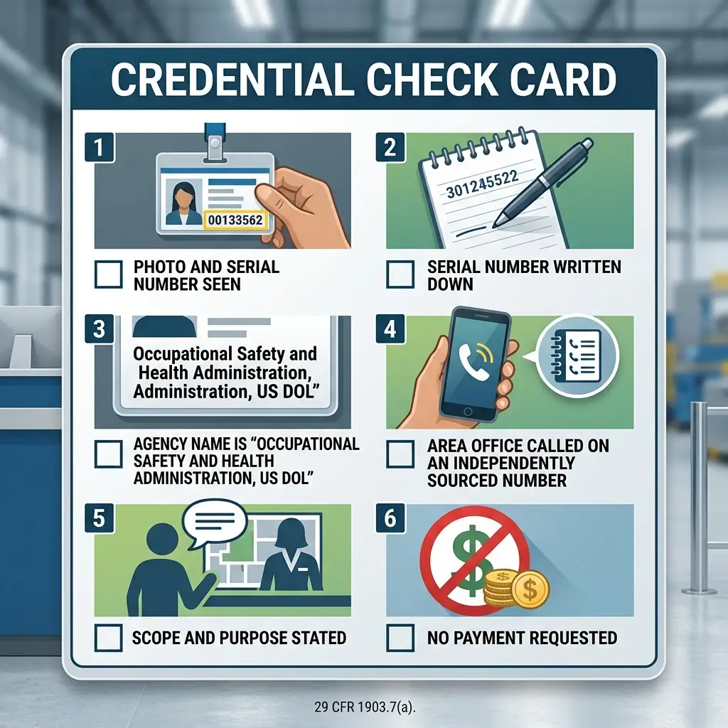 Infographic showing a credential check card with six verification steps for OSHA credentials, including photo ID, serial number documentation, agency name verification, independent phone confirmation, scope statement, and no payment verification.