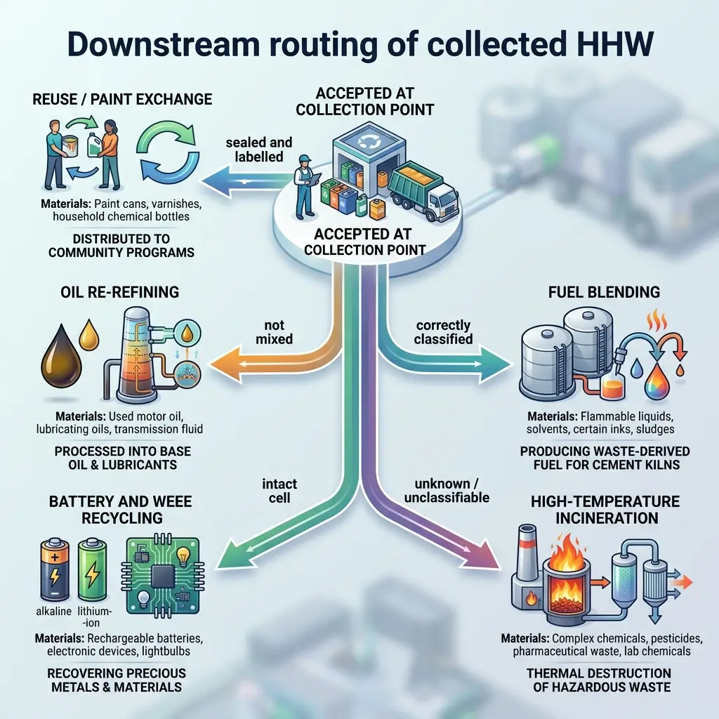 Infographic showing downstream routing of collected household hazardous waste from collection points to six disposal pathways: reuse/paint exchange, oil re-refining, battery recycling, fuel blending, cement kiln processing, and high-temperature incineration.