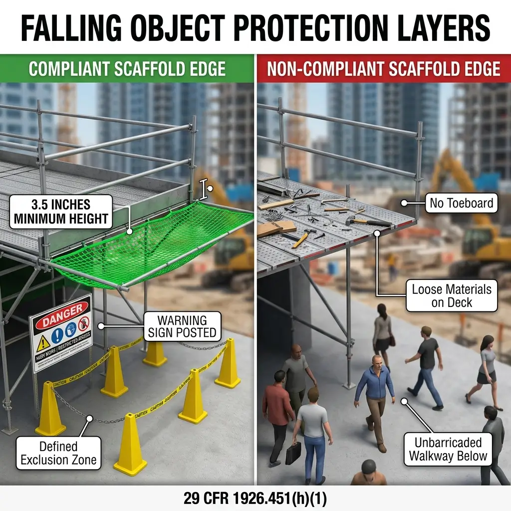 Comparison of compliant versus non-compliant scaffold edge protection showing proper toeboard height, warning signs, exclusion zones, and hazards like loose materials and unbarricaded walkways below.