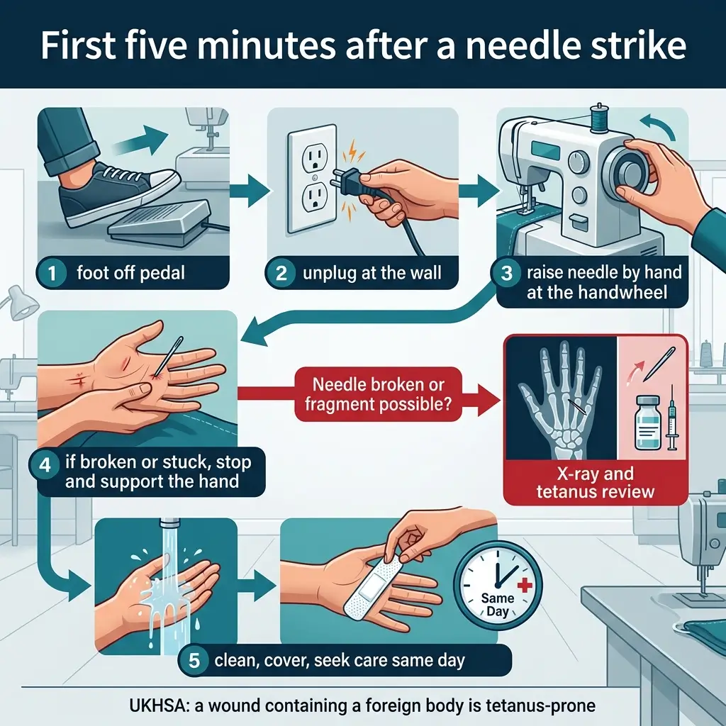 Illustrated guide showing five emergency steps to follow in the first five minutes after a sewing needle strike, including stopping the machine, unplugging, raising the needle, immobilizing the hand if broken, cleaning the wound, and seeking medical care same day.