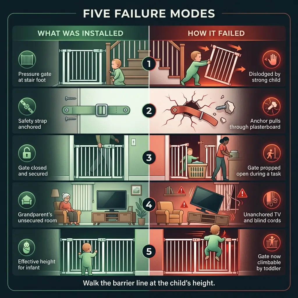 Infographic showing five child safety gate failure modes, comparing proper installation on the left with failure scenarios on the right, including dislodging, anchor failure, propping open, unsecured furniture, and climbing hazards.