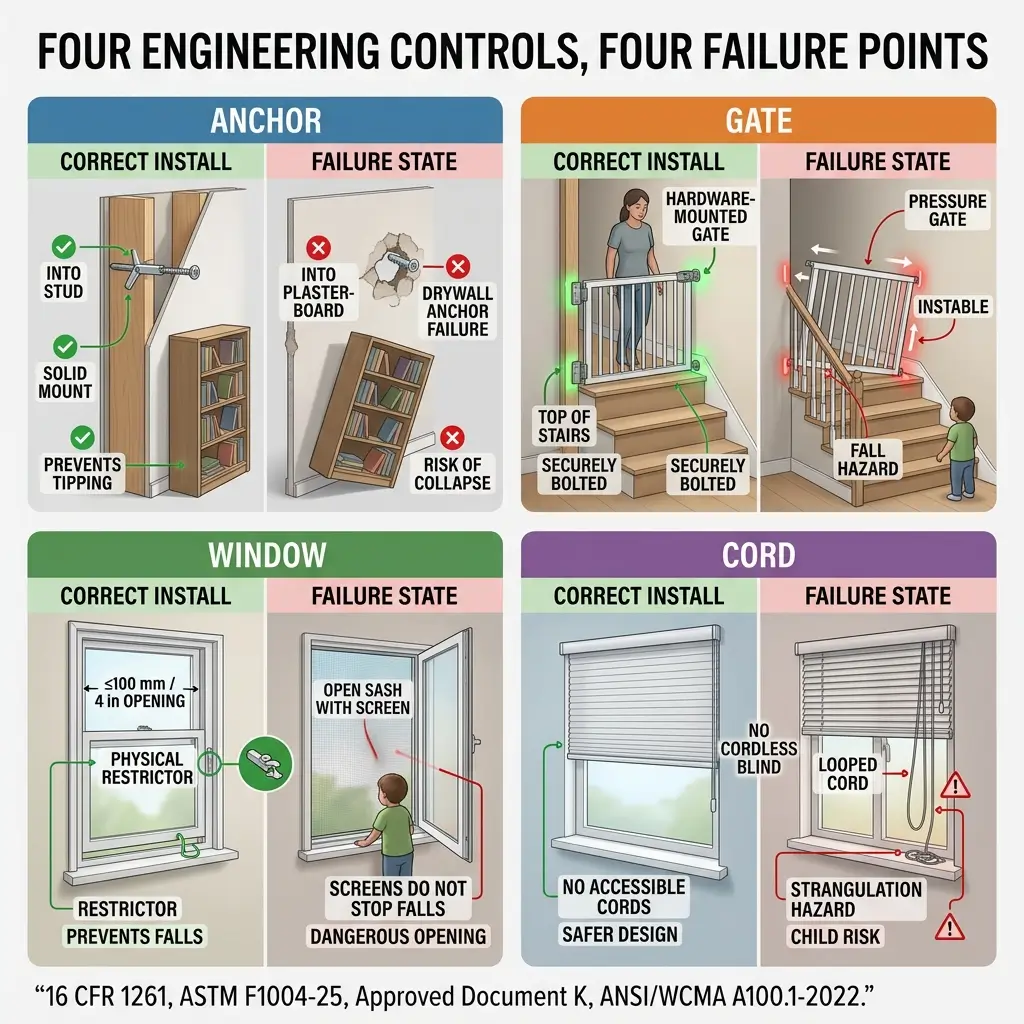 Infographic showing four child safety controls with correct installation methods and failure states: anchor into studs, hardware-mounted gates at stairs, window restrictors limiting openings, and cordless blinds to prevent falls and strangulation hazards.