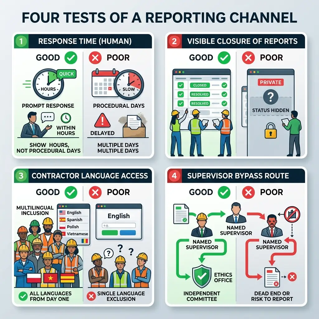Four tests for evaluating reporting channels: response time measured in hours, visible closure status of reports, multilingual language access for contractors, and supervisor bypass routes to independent ethics committees.