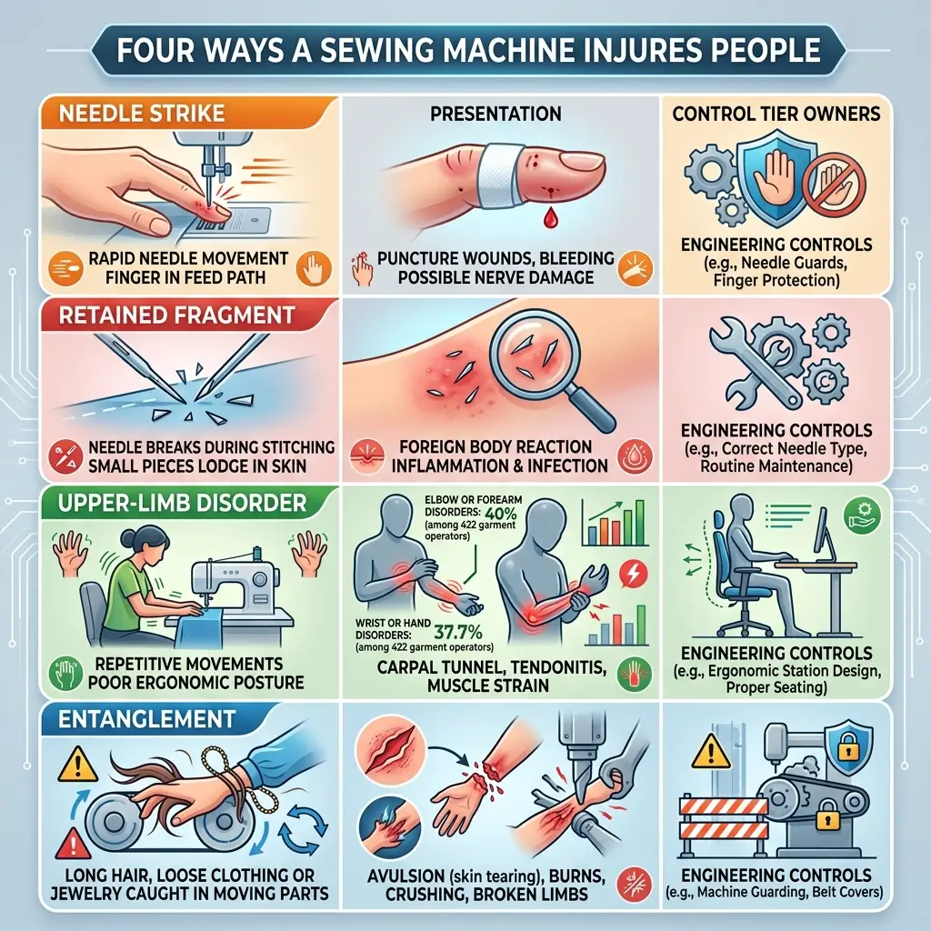 Infographic illustrating four major sewing machine injury types: needle strikes causing puncture wounds, retained needle fragments causing infection, upper-limb disorders from repetitive strain, and entanglement injuries, with engineering control solutions for each hazard.
