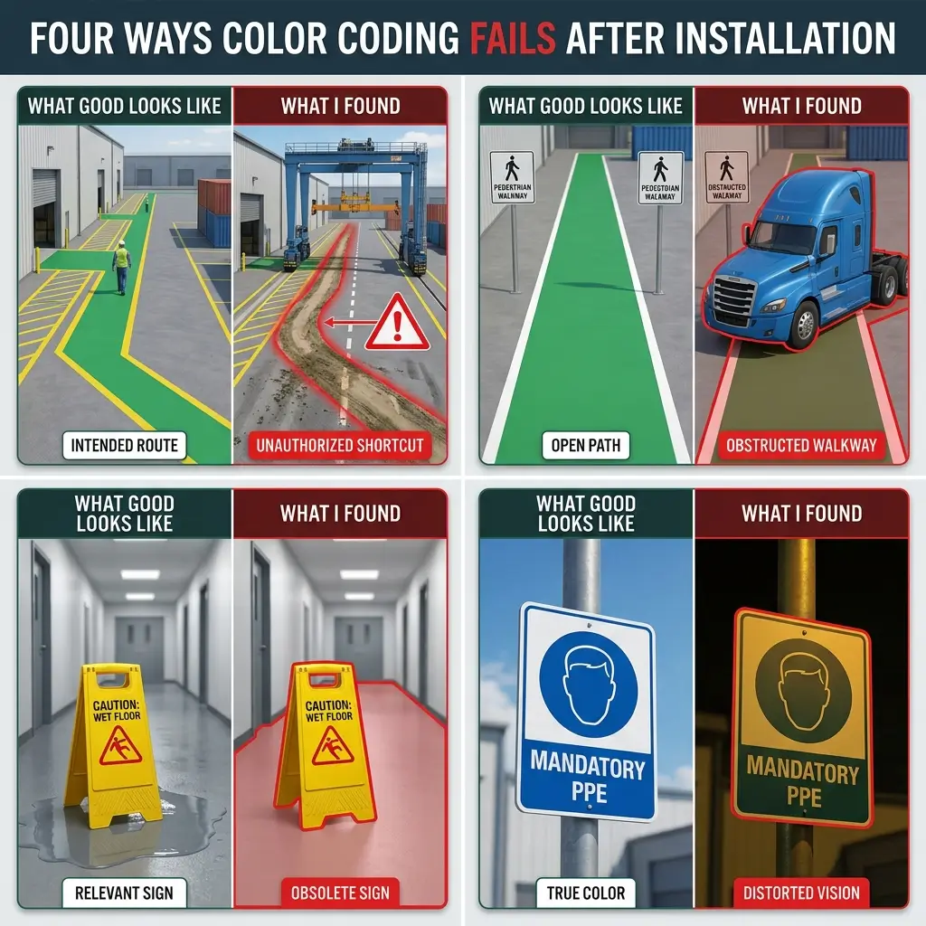 Infographic showing four common failures in workplace safety color coding: misrouted pathways, obstructed walkways, obsolete warning signs, and distorted safety label colors compromising visibility and compliance.