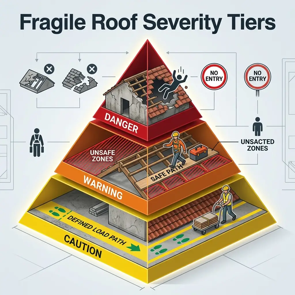 Pyramid diagram showing four severity tiers for fragile roof safety, from caution at base to danger at peak, with icons indicating restricted access zones and safe work areas.