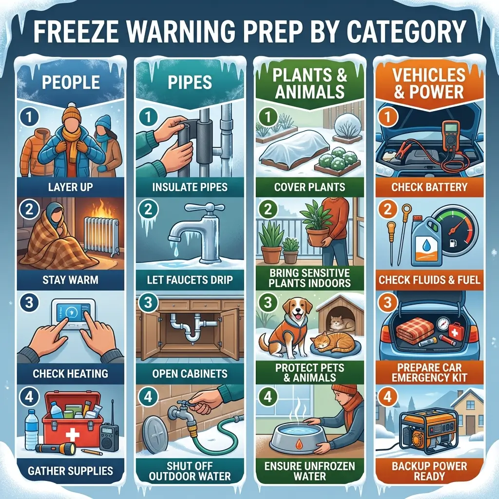 Illustrated guide showing freeze warning preparation steps across four categories: People (layer up, stay warm, check heating, gather supplies), Pipes (insulate, let faucets drip, open cabinets, shut off outdoor water), Plants and Animals (cover plants, bring indoors, protect pets, ensure unfrozen water), and Vehicles and Power (check battery, check fluids and fuel, prepare emergency kit, backup power ready).