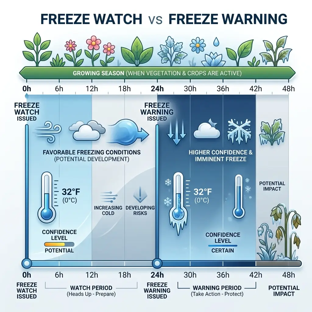Infographic comparing freeze watch and freeze warning timelines, showing confidence levels, temperature thresholds, and protective actions needed during the growing season when frost threatens crops and vegetation.