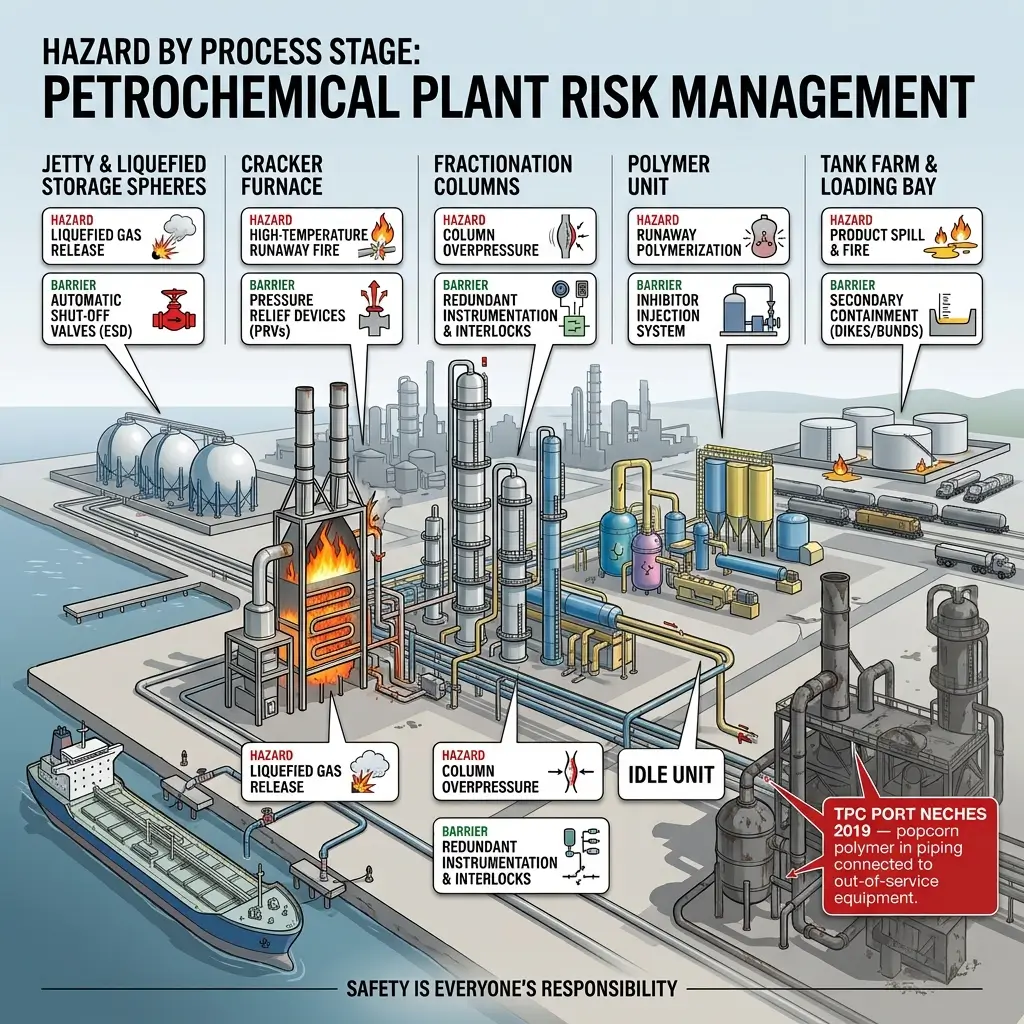 Illustrated diagram of a petrochemical plant showing five process stages with their associated hazards and safety barriers, including storage spheres, cracker furnace, fractionation columns, polymer unit, and tank farm loading bay.