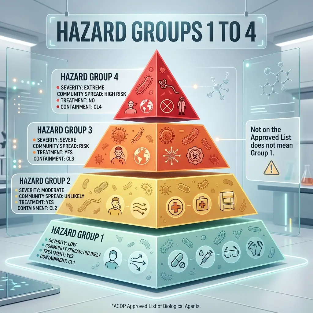 Pyramid diagram showing biosafety hazard groups 1 to 4, with group 4 at top in red indicating extreme severity and high community spread risk, descending to group 1 at base in green with low severity and unlikely spread, each level displaying containment requirements and treatment availability.