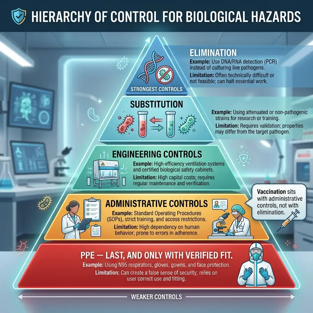 Pyramid diagram showing the hierarchy of control for biological hazards, from elimination at the top through substitution, engineering controls, administrative controls, to PPE at the base as the weakest control method.
