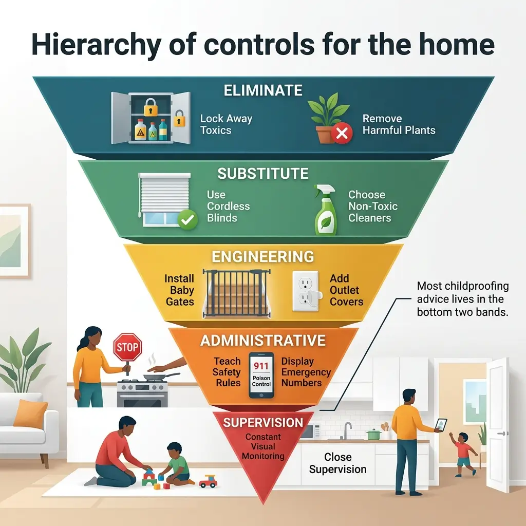 Inverted pyramid diagram showing six-tier hierarchy of home safety controls, from eliminating toxins at top to constant supervision at bottom, with icons and examples for each level.