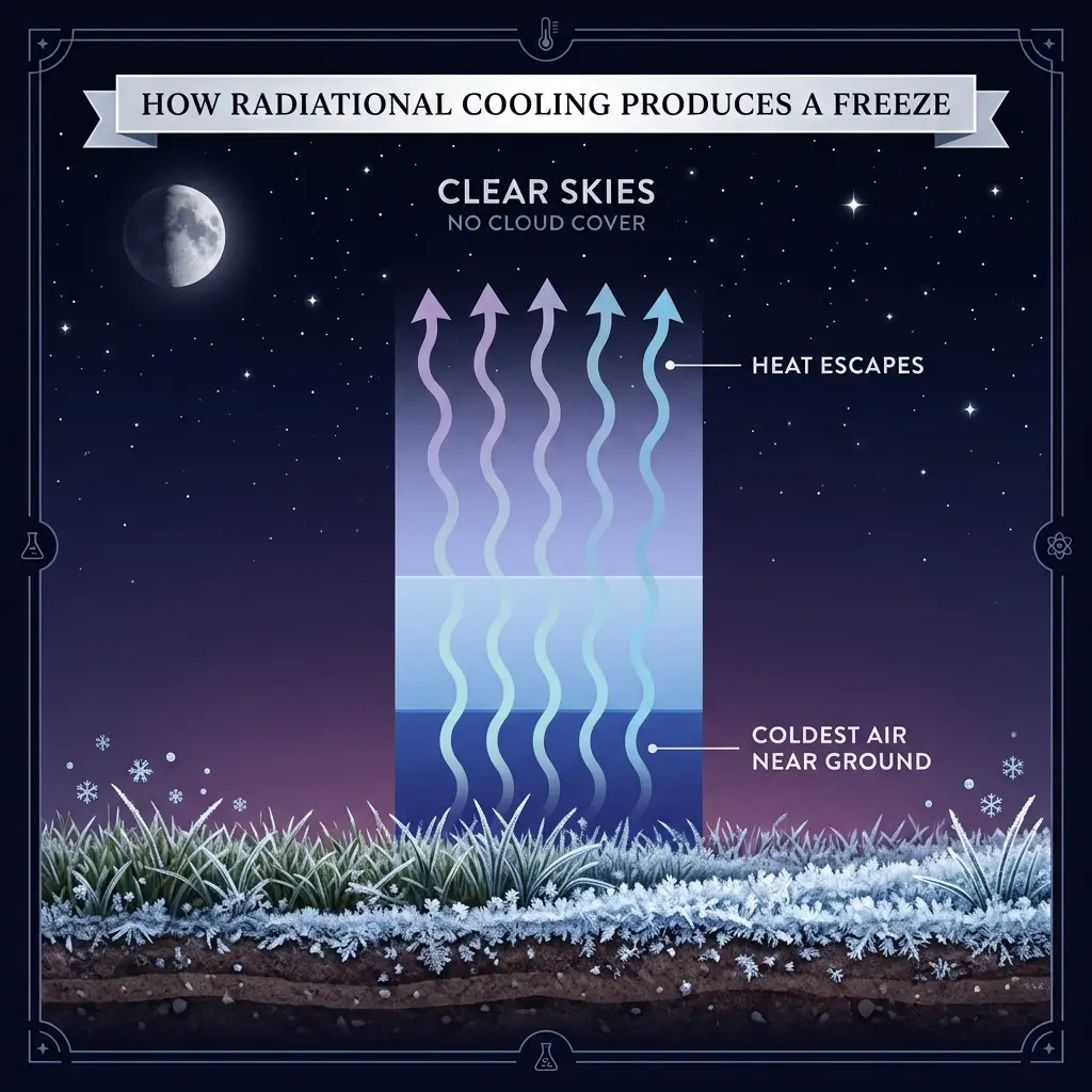 Diagram showing radiational cooling process on clear nights, with arrows indicating heat escaping into space above ground and coldest air forming near the frost-covered surface below.