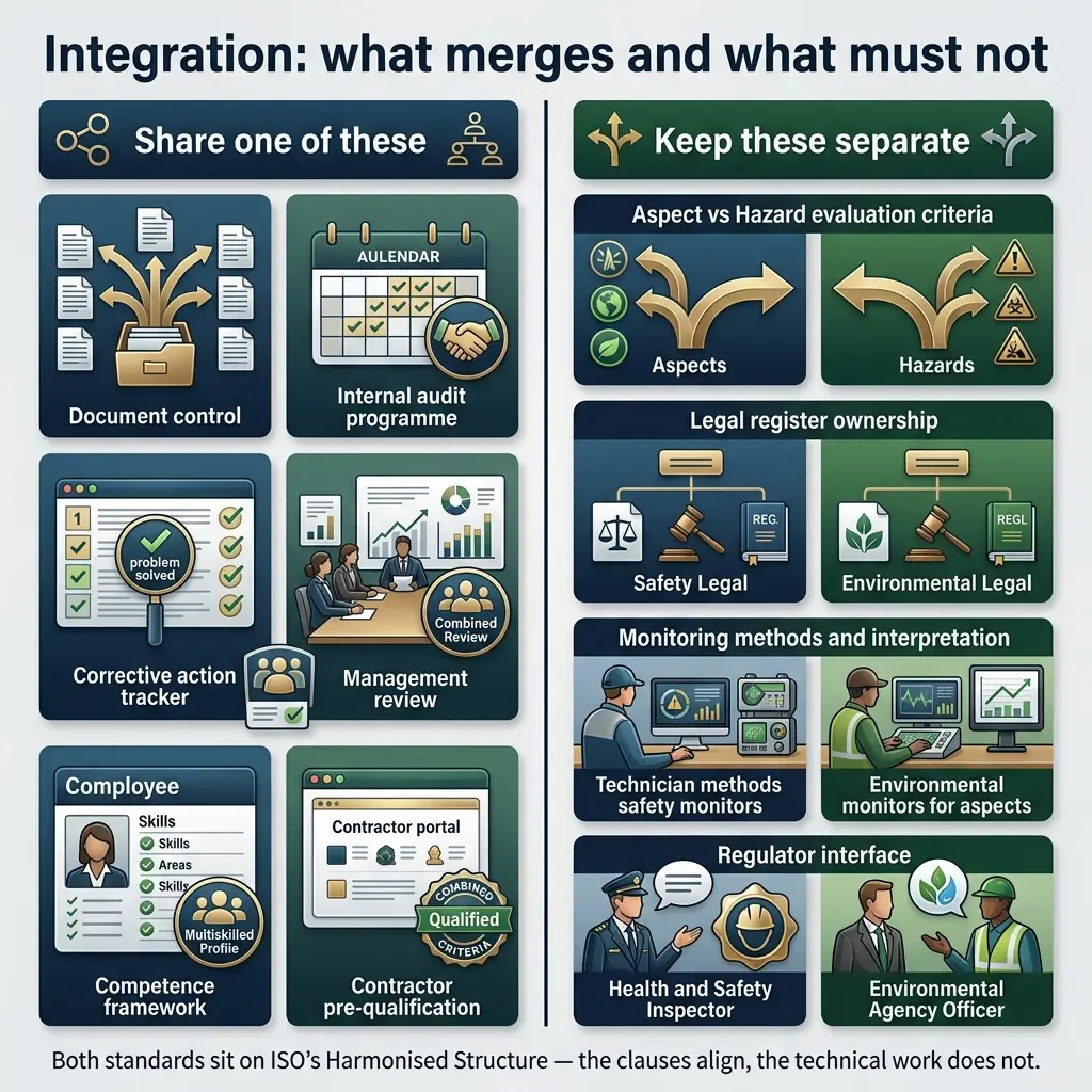 Infographic showing ISO integration guidelines with mergeable systems on the left like document control and audits, and separate functions on the right including aspect versus hazard evaluation, legal register ownership, monitoring methods, and regulator interfaces.