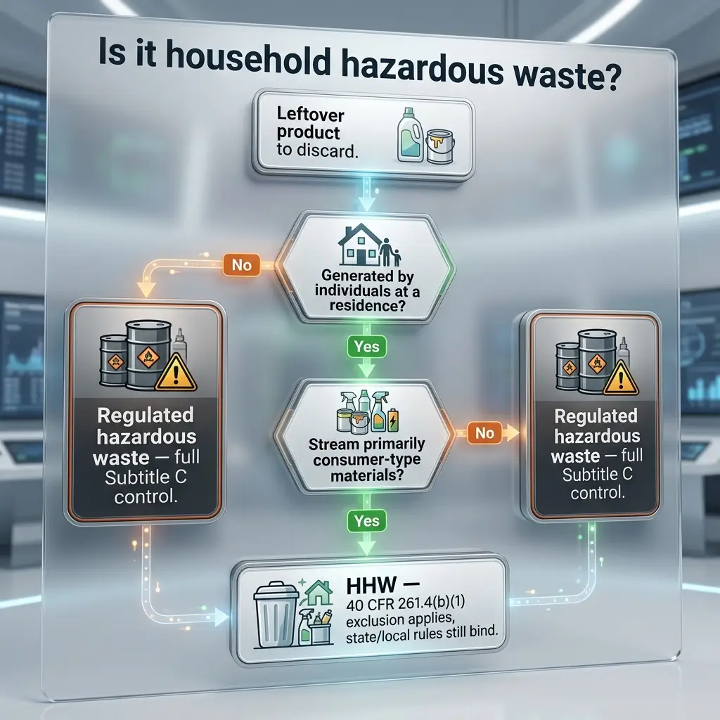 Flowchart diagram determining if household waste is hazardous, showing decision paths for leftover products, residential generation, and consumer-type materials, with outcomes for regulated hazardous waste or HHW exclusion.