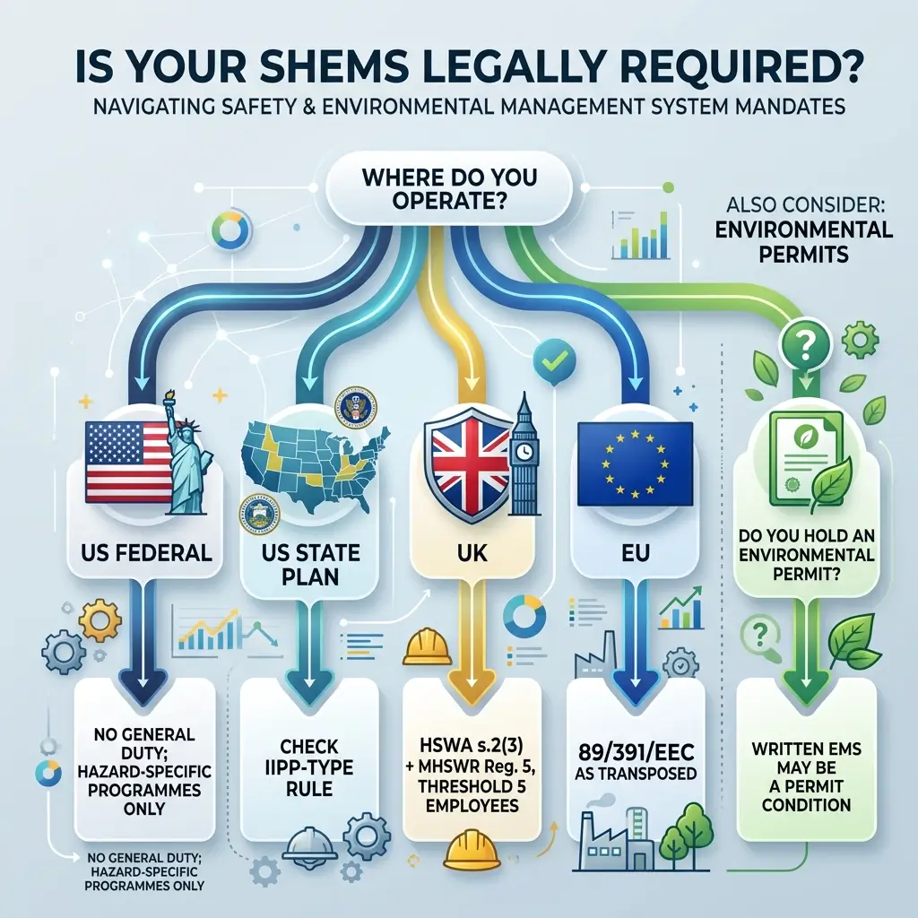 Flowchart showing SHEMS legal requirements by location: US Federal, US State, UK, and EU, with guidance on hazard-specific programmes, IIPP rules, HSWA thresholds, and environmental permits.