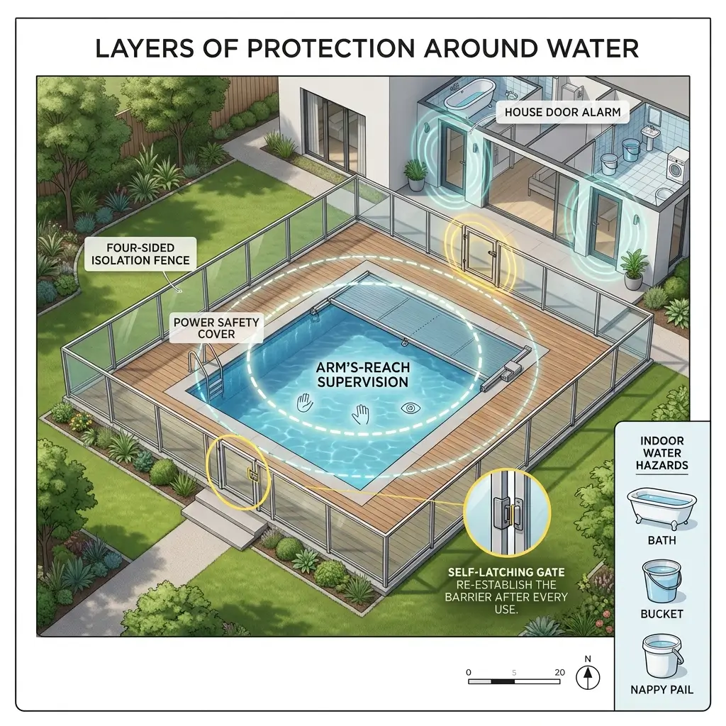 Illustrated diagram showing multiple layers of protection around an outdoor swimming pool, including isolation fence, power safety cover, arm's reach supervision, self-latching gate, house door alarm, and indoor water hazard examples like bath and bucket.