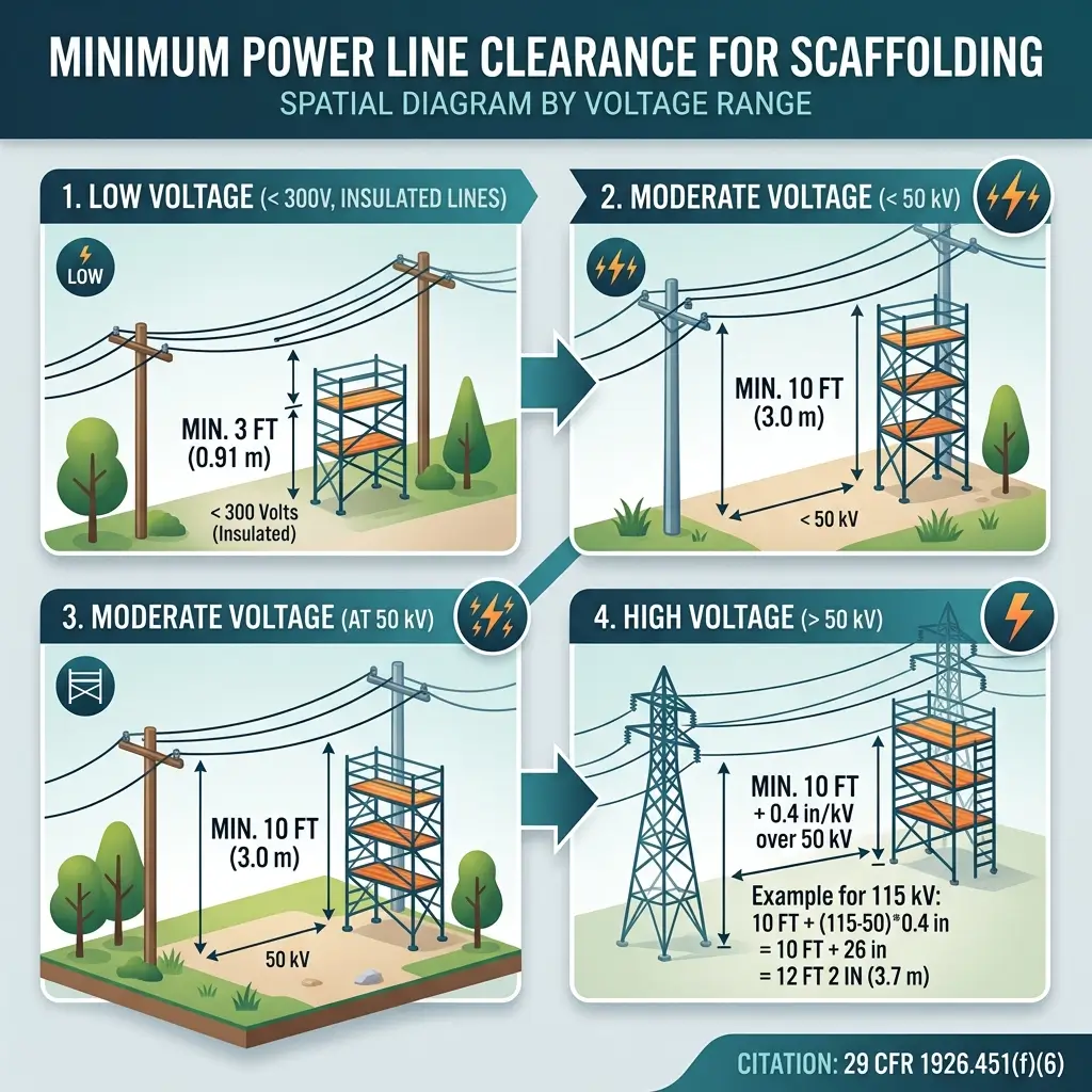 Diagram showing minimum power line clearance requirements for scaffolding at four voltage levels, from low voltage at 3 feet to high voltage requiring 10 feet plus 0.4 inches per kilovolt above 50 kV.