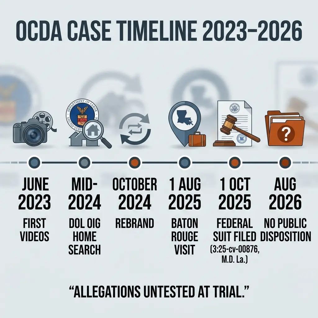 Timeline of OCDA case milestones from June 2023 to August 2026, showing key events including first videos, DOL investigation, rebranding, Baton Rouge visit, federal lawsuit filing, and final disposition date.