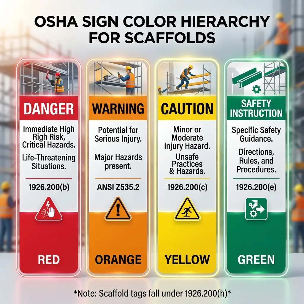 OSHA scaffold safety sign color hierarchy showing red danger, orange warning, yellow caution, and green safety instruction categories with corresponding hazard levels and regulatory citations.