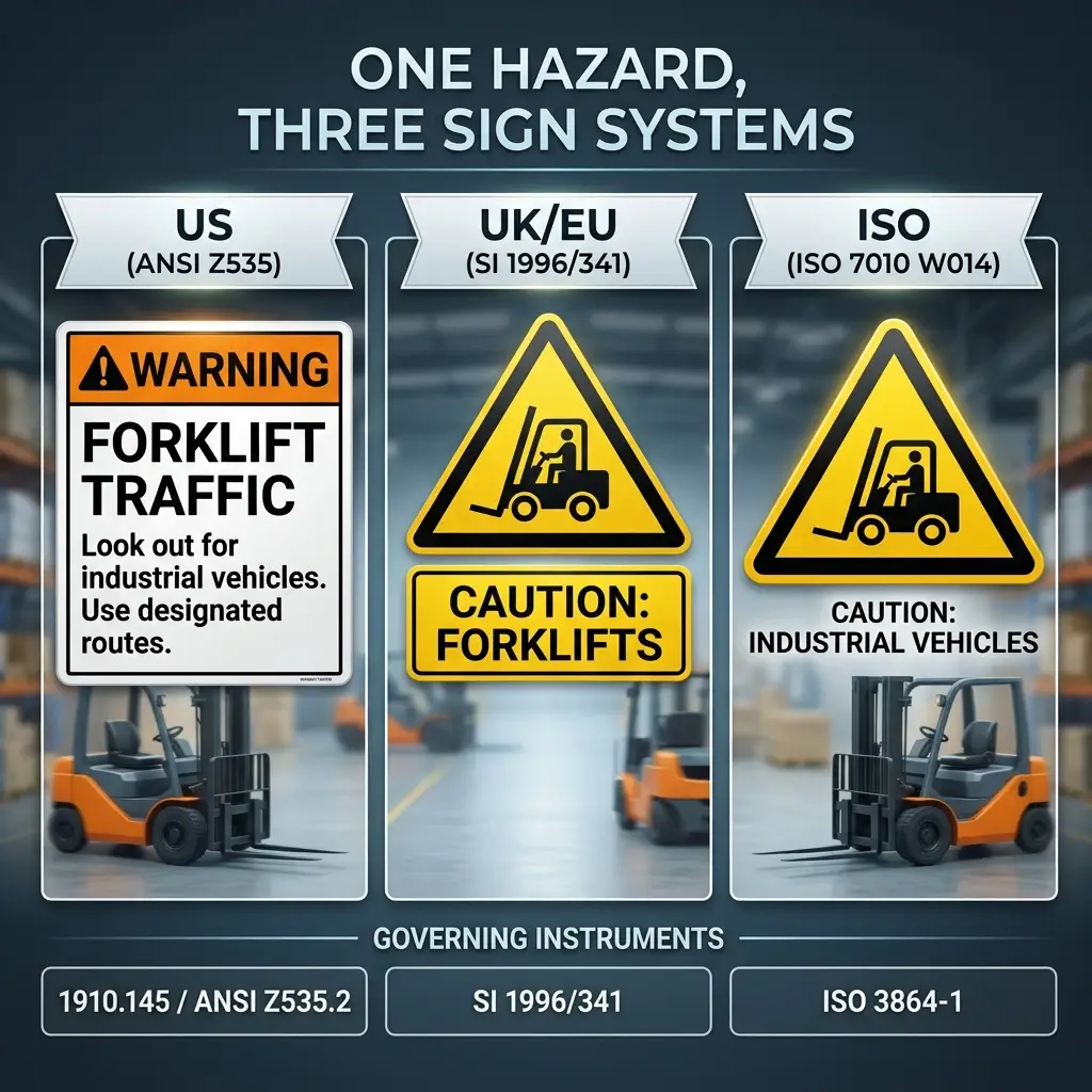 Comparison of three forklift hazard warning sign systems used in the US, UK/EU, and ISO standards, showing different visual designs and safety messaging formats.