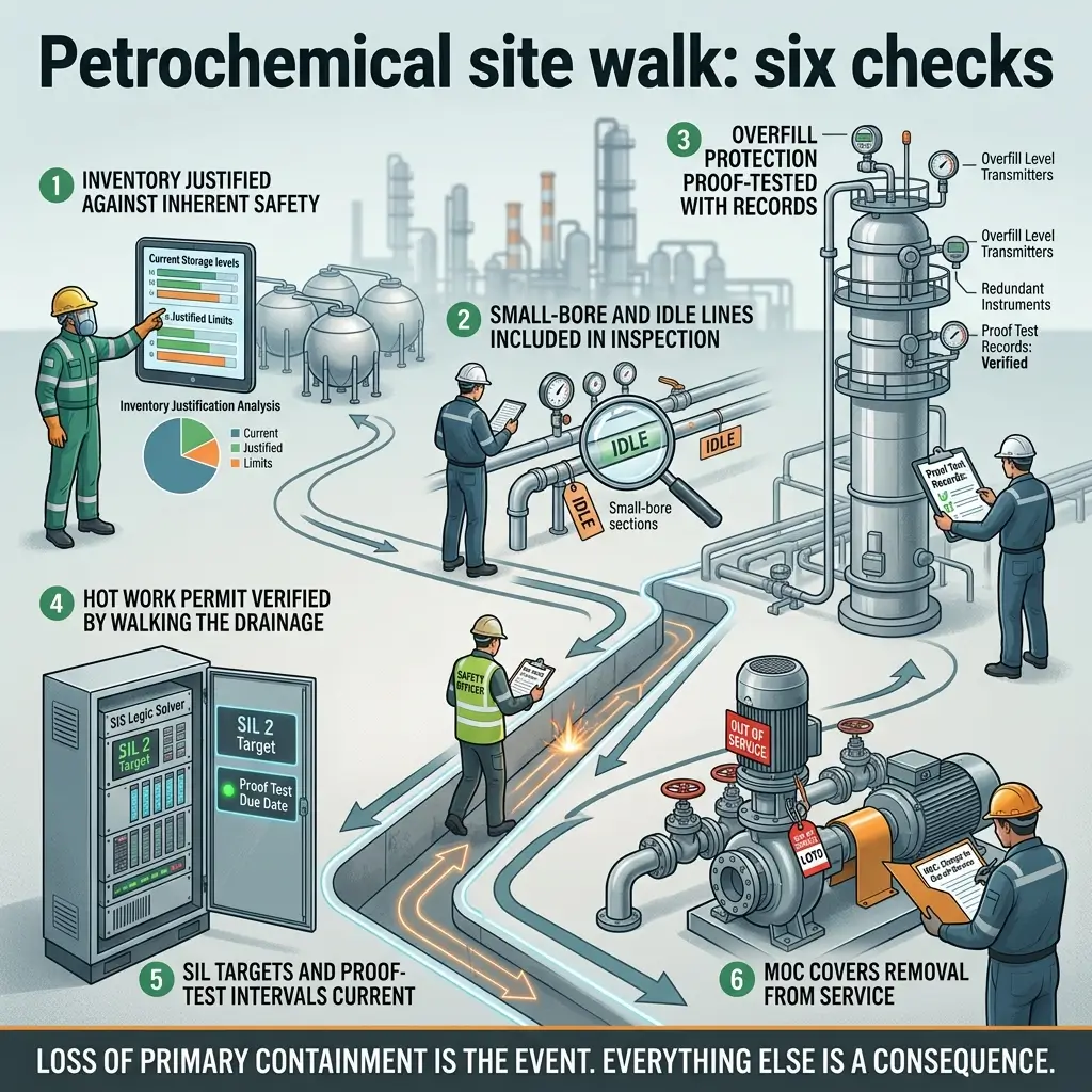 Infographic showing six safety checks for petrochemical sites including inventory justification, line inspections, overfill protection, hot work permits, SIL targets, and MOC cover removal, with workers performing various inspection and maintenance tasks.