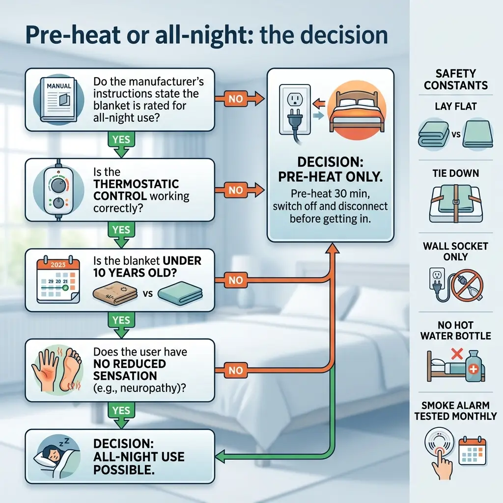 Flowchart showing decision tree for electric blanket safety, determining whether to use pre-heat only or allow all-night use based on manufacturer instructions, thermostat function, blanket age, and user sensation levels.