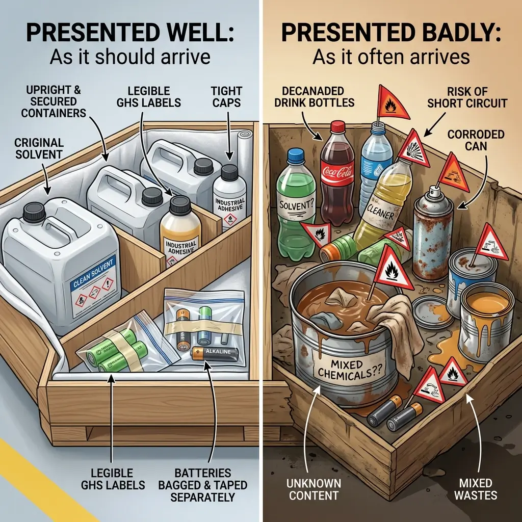 Comparison diagram showing proper chemical storage on left with secured containers and clear labels versus unsafe storage on right with mixed chemicals, corroded containers, and hazard warnings.