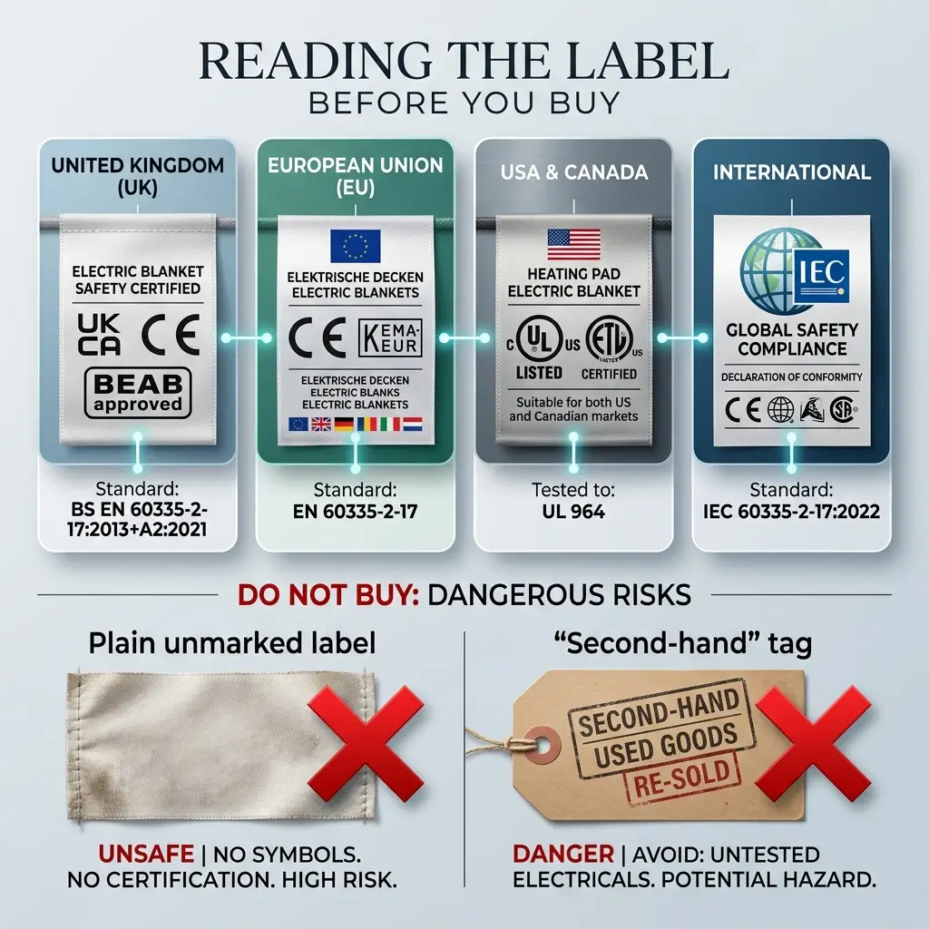 Infographic showing safety certification labels for electric blankets across UK, EU, USA/Canada, and international markets, with warnings against unmarked and second-hand products.