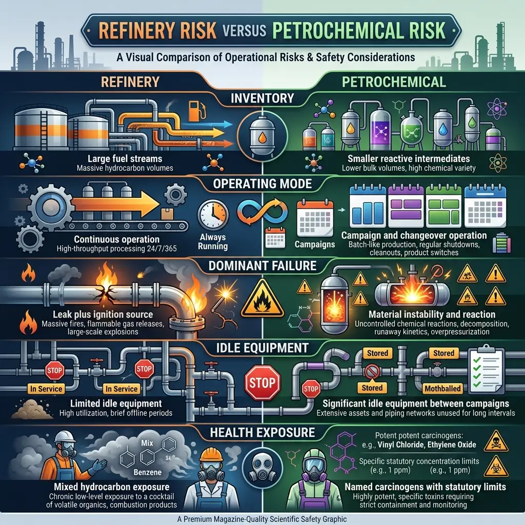 Visual comparison infographic showing operational risks and safety differences between oil refineries and petrochemical plants, including inventory, operating modes, failure types, equipment status, and health exposure hazards.