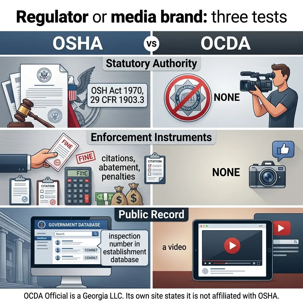 Comparison chart showing three key differences between OSHA workplace safety regulator and OCDA media brand: statutory authority, enforcement instruments, and public records access.