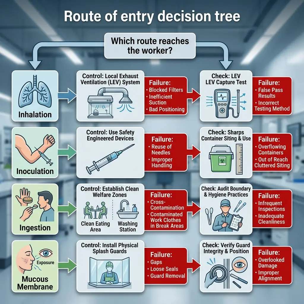 Decision tree showing five routes of worker exposure (inhalation, inoculation, ingestion, mucous membrane, ingestion) with corresponding control measures, potential failures, and verification checks for occupational safety.