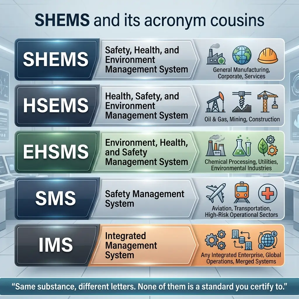 Infographic showing five management system acronyms and their full names: SHEMS, HSEMS, EHSMS, SMS, and IMS, with industry applications and icons for each system type.
