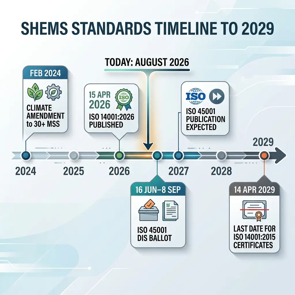 Timeline showing SHEMS standards development from 2024 to 2029, highlighting key milestones including ISO 14001:2026 publication, ISO 45001 ballot and publication, and final certification deadline in April 2029.