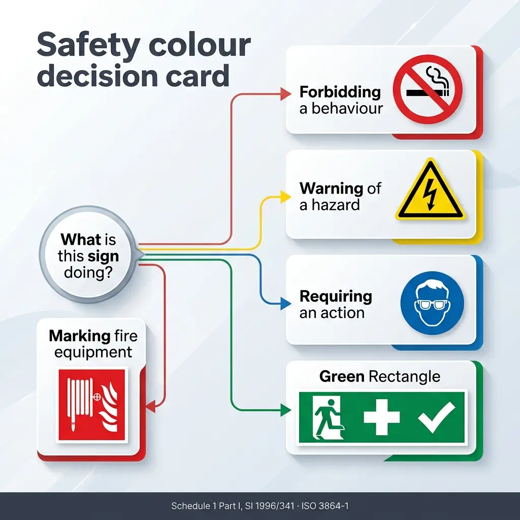 Infographic showing the safety colour decision card with four safety sign types: red for forbidding behaviour, yellow for warning hazards, blue for requiring actions, and green rectangles for emergency equipment and first aid.