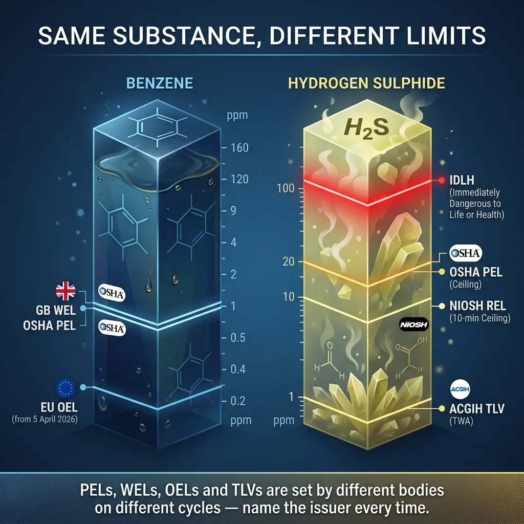 Comparison chart showing exposure limits for benzene and hydrogen sulphide set by different regulatory bodies including OSHA, NIOSH, EU, and ACGIH, displayed on logarithmic scales in parts per million.