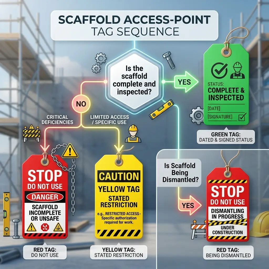 Flowchart showing scaffold access-point tag sequence with decision points for inspection status, displaying green tags for complete scaffolds, yellow tags for restricted access, and red tags for incomplete or dismantling scaffolds.