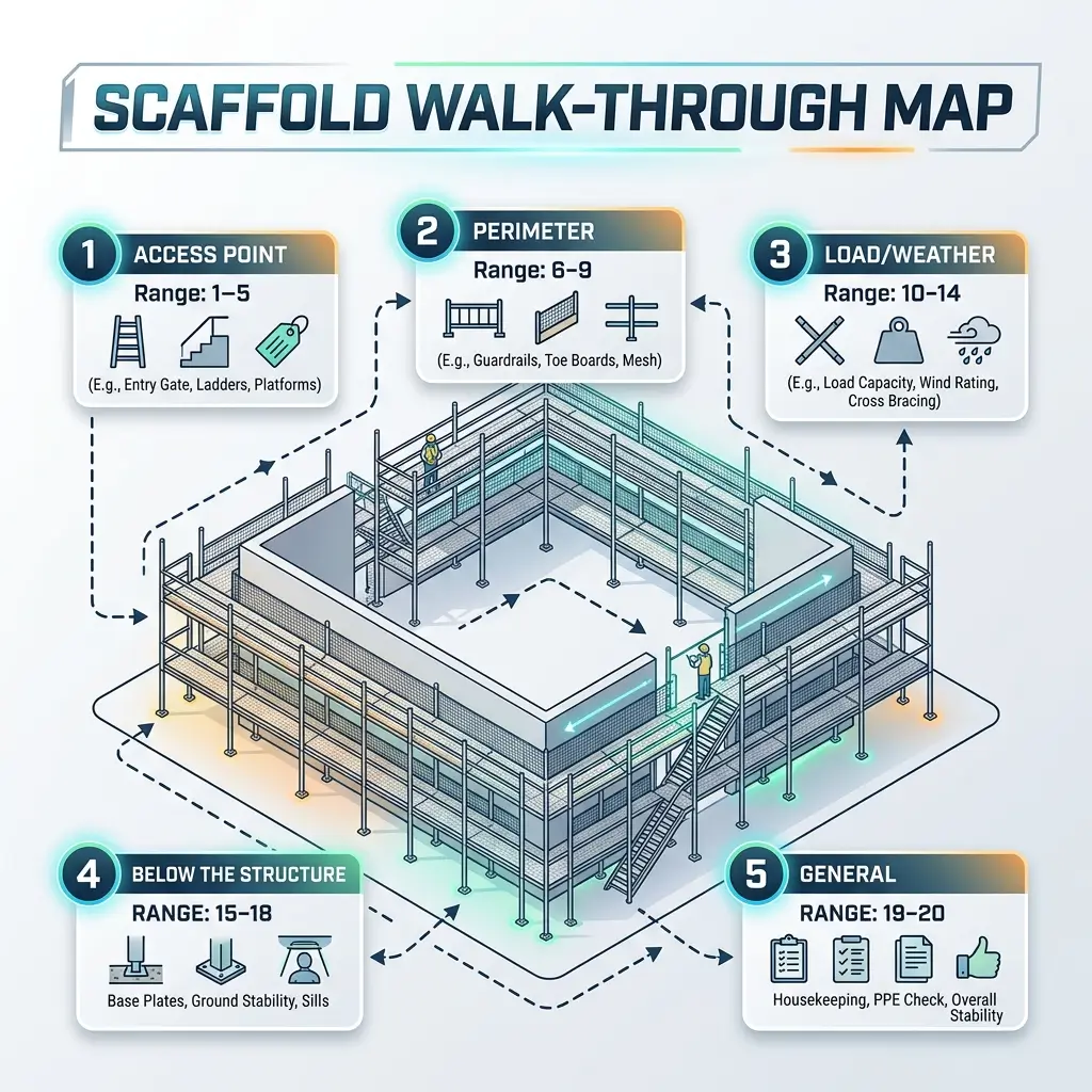 Isometric scaffold structure with five numbered inspection zones highlighting access points, perimeter safety features, load capacity, foundation elements, and general safety checks for construction site compliance.