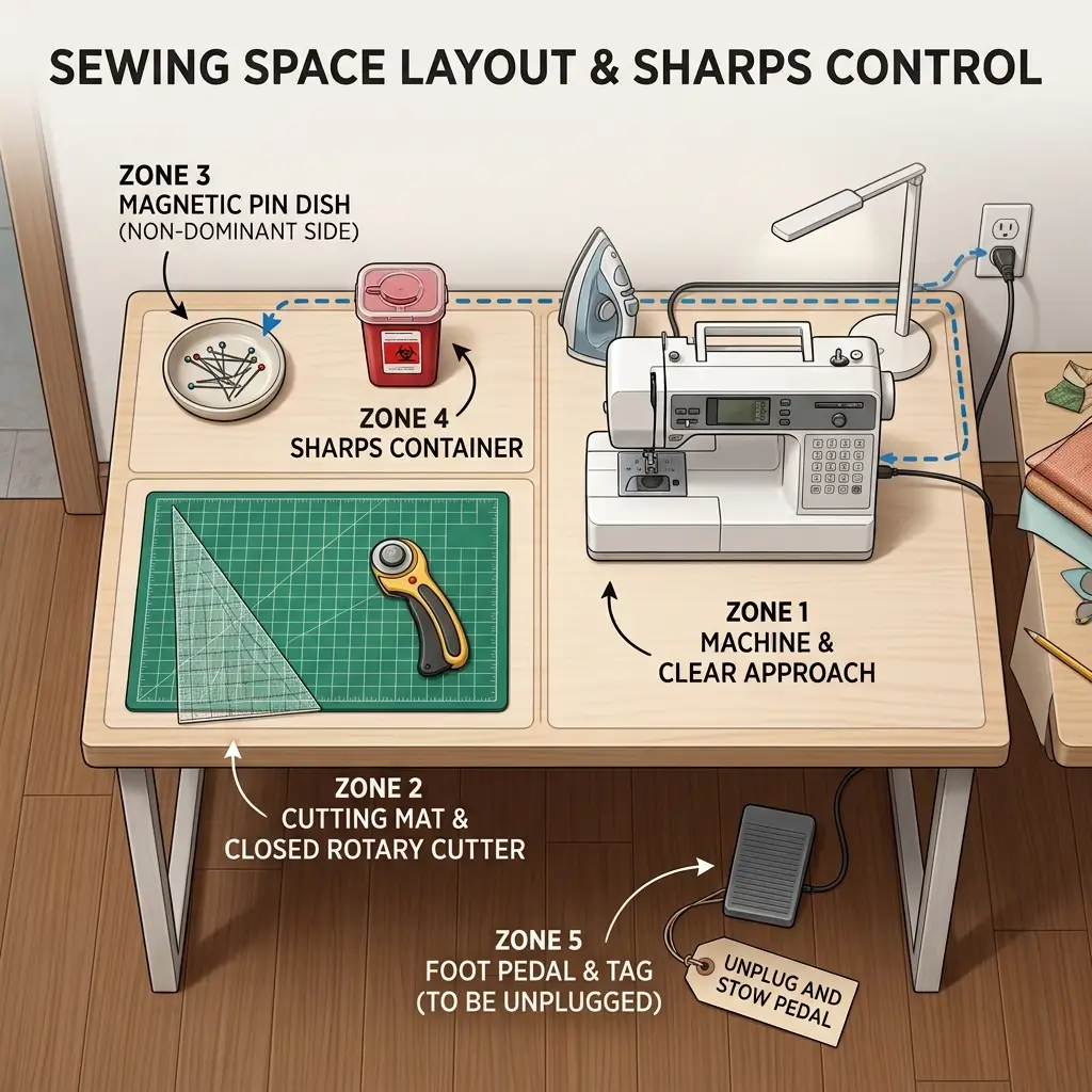 Top-down diagram of organized sewing workspace showing five labeled zones: magnetic pin dish, sharps container, cutting mat with rotary cutter, sewing machine with clear approach, and foot pedal marked for unplugging.