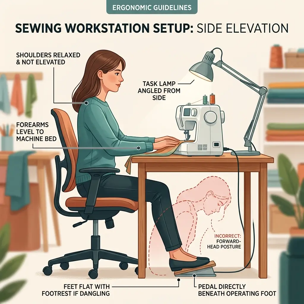 Ergonomic guidelines for sewing workstation setup showing correct side elevation posture with relaxed shoulders, forearms level to machine, proper lighting, and foot positioning to avoid forward-head posture.