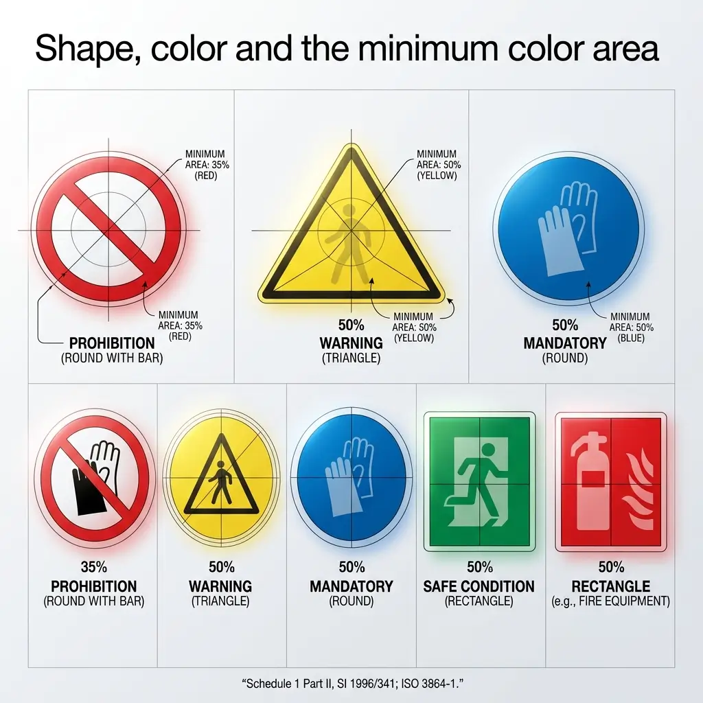 Safety sign standards showing shape, color, and minimum colored area requirements for prohibition, warning, mandatory, safe condition, and fire equipment signs according to ISO 3864-1.