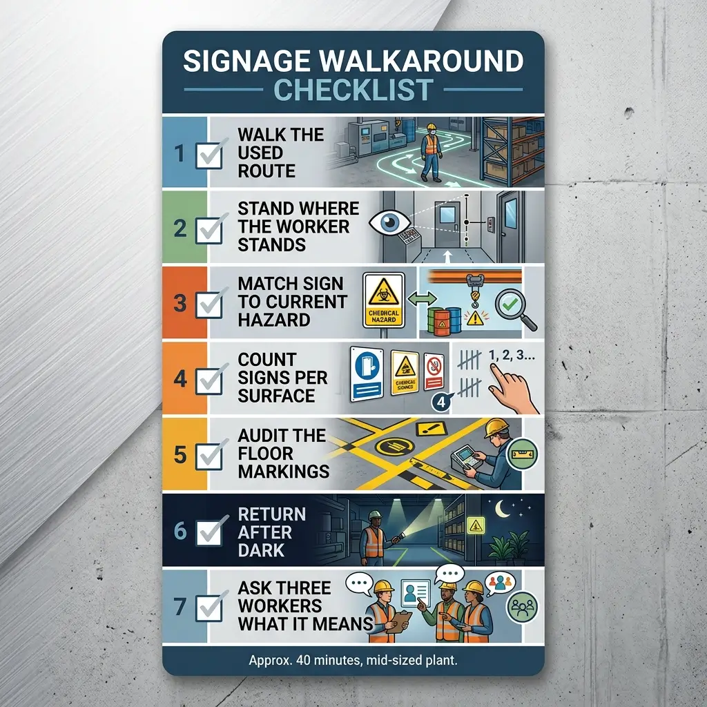 Infographic showing a seven-step signage walkaround checklist for workplace safety audits, including walking routes, hazard matching, sign counting, floor markings inspection, and worker interviews.