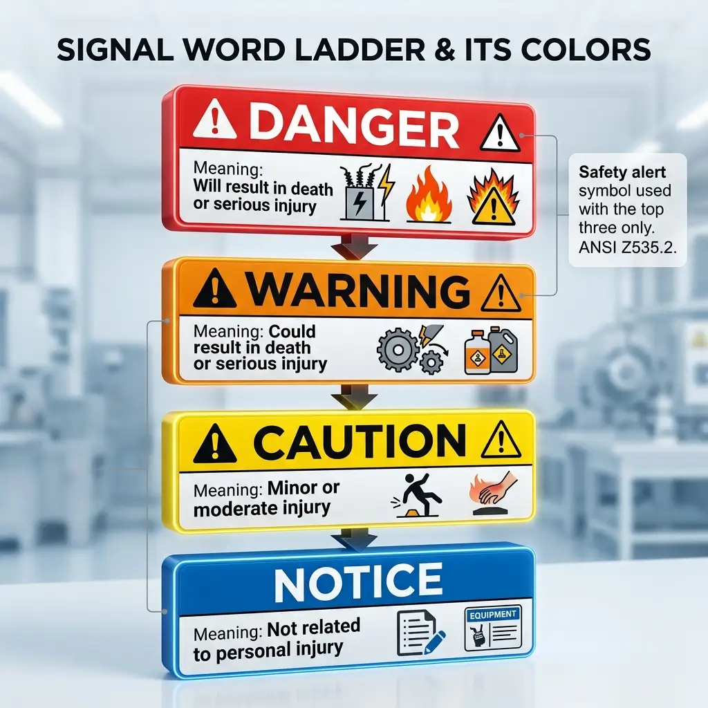 Hierarchical diagram showing the four-level signal word ladder for safety labels: red Danger for fatal hazards, orange Warning for serious injury risks, yellow Caution for minor injuries, and blue Notice for non-injury information, each with example icons and definitions.