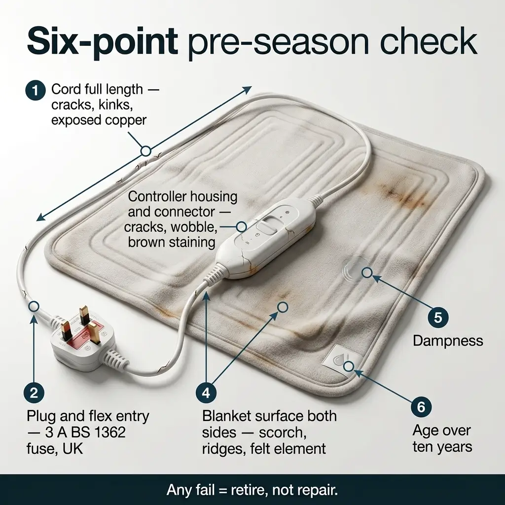 Diagram showing six safety checks for electric blankets before use, including cord inspection, plug condition, controller housing, blanket surface condition, dampness, and age, with text stating any failure requires retirement.