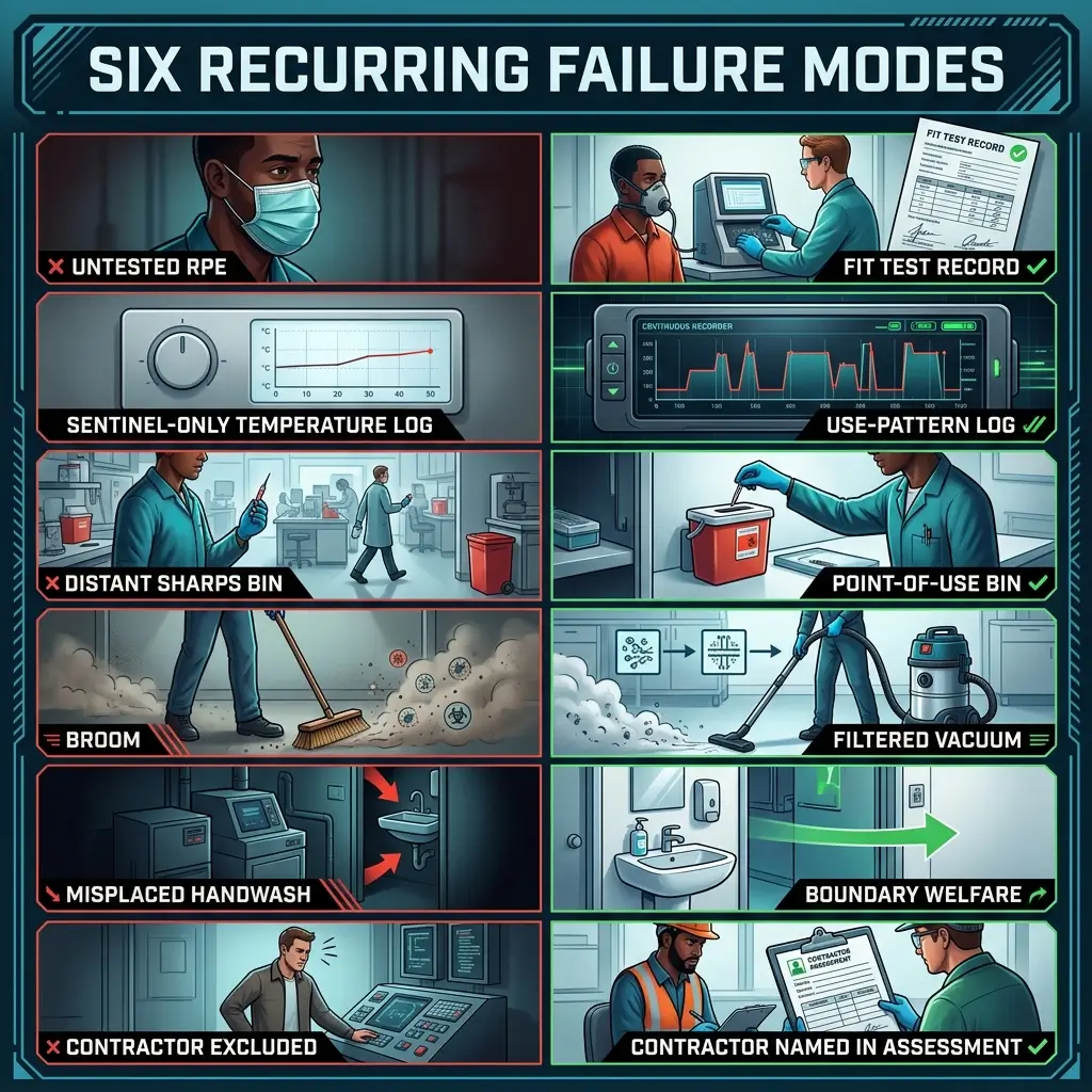 Infographic displaying six recurring failure modes in healthcare settings, comparing poor practices marked with red X symbols against correct procedures marked with green checkmarks, including PPE testing, documentation, waste management, and cleaning protocols.