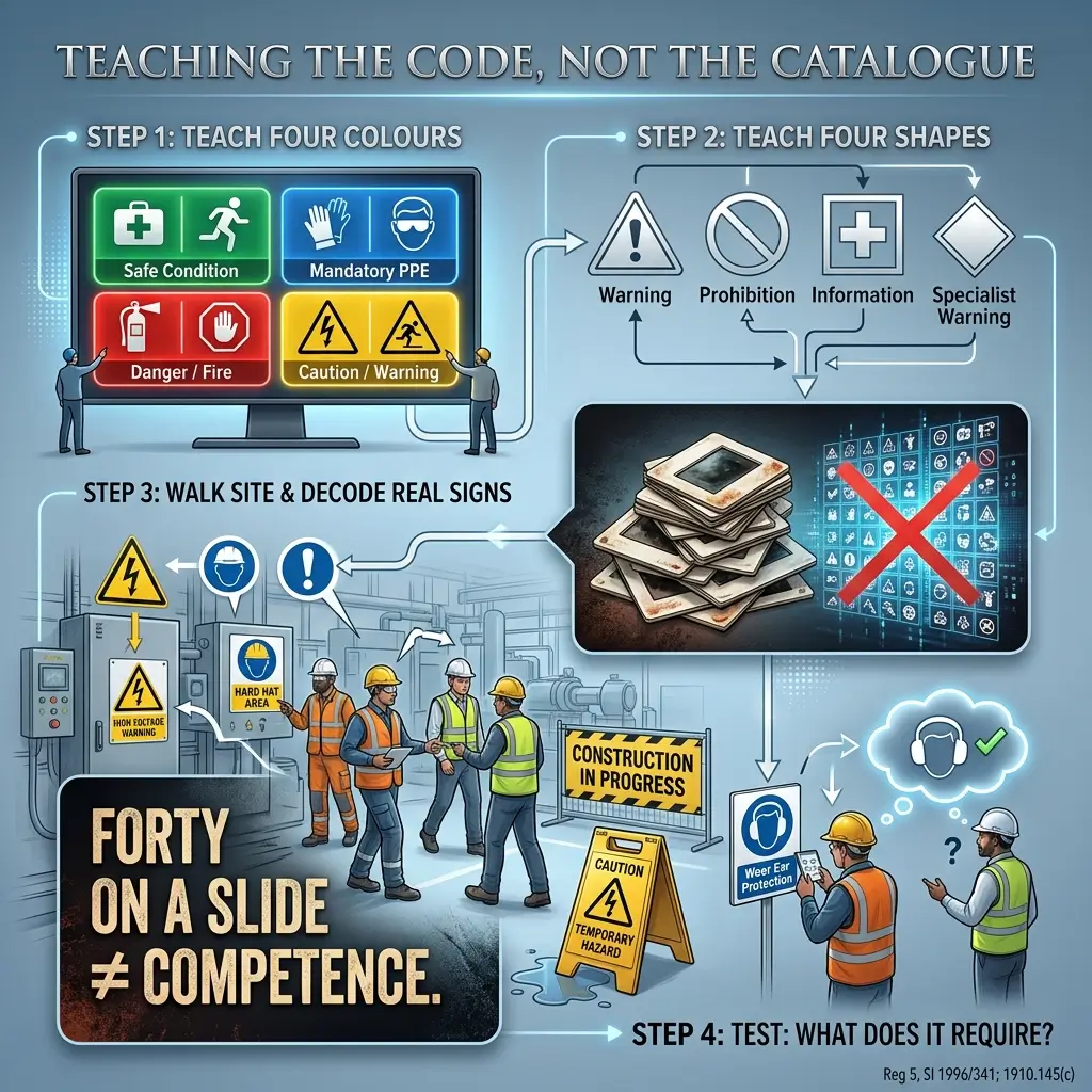 Infographic showing a four-step safety training approach using color-coded signs, geometric shapes, real-world site examples, and practical testing to teach workplace hazard recognition beyond memorization.