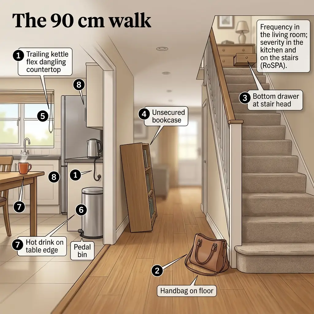 Illustrated home safety hazards map labeled "The 90 cm walk" showing eight numbered dangers including unsecured furniture, trip hazards, and obstacles throughout a kitchen and hallway leading to stairs.