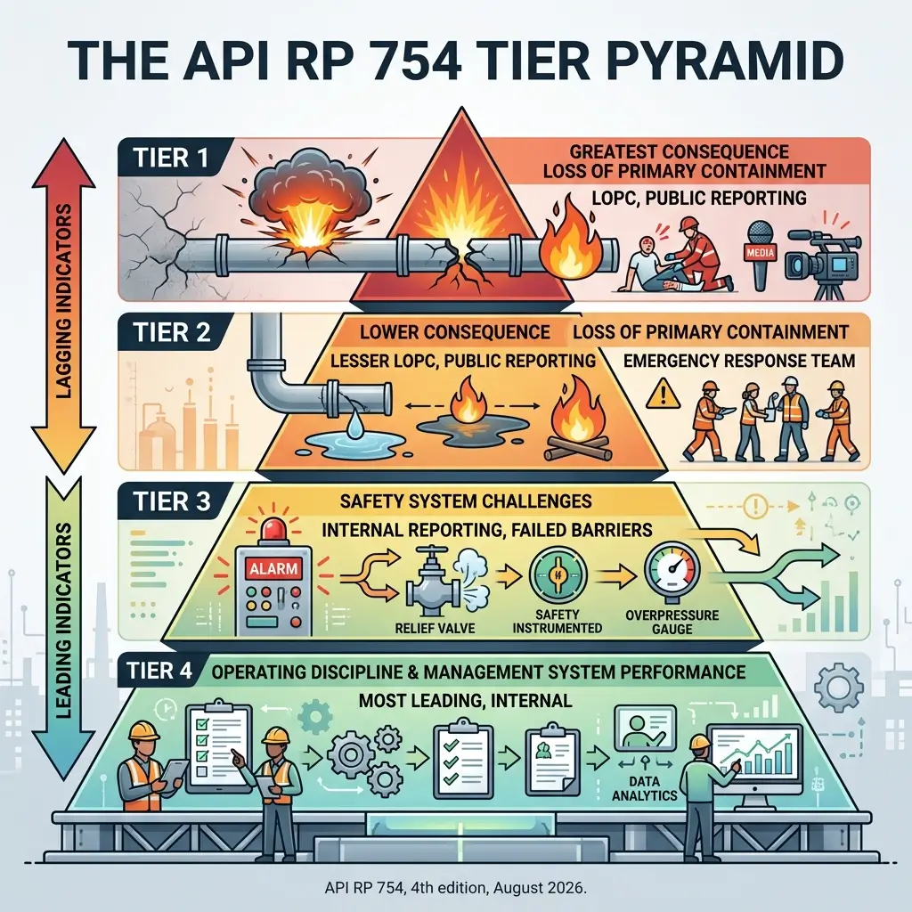 Infographic showing the API RP 754 Tier Pyramid with four escalating levels of safety indicators, from catastrophic primary containment loss at the top to operational management systems at the base.